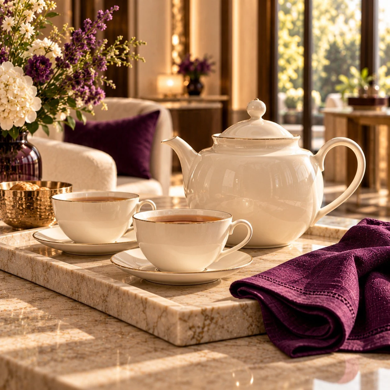 AI-generated household concept with ivory-coloured teapot, cups and a purple table textile