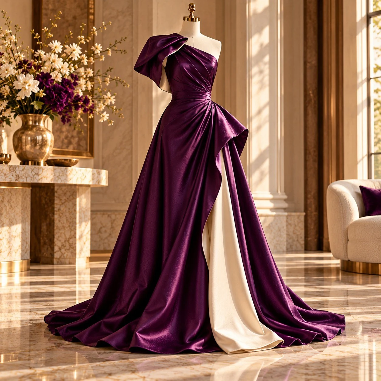 Full purple and cream gown on a mannequin, shown from neckline to hem