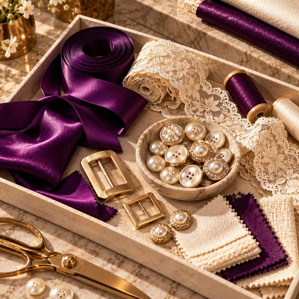 Illustrative ribbons, lace, buttons, buckles, thread and fabric swatches