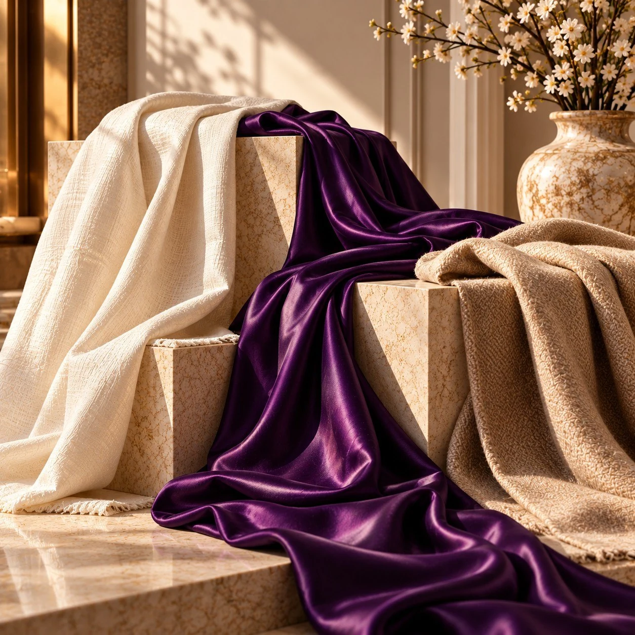 Purple and cream fabric swatches arranged for illustrative comparison